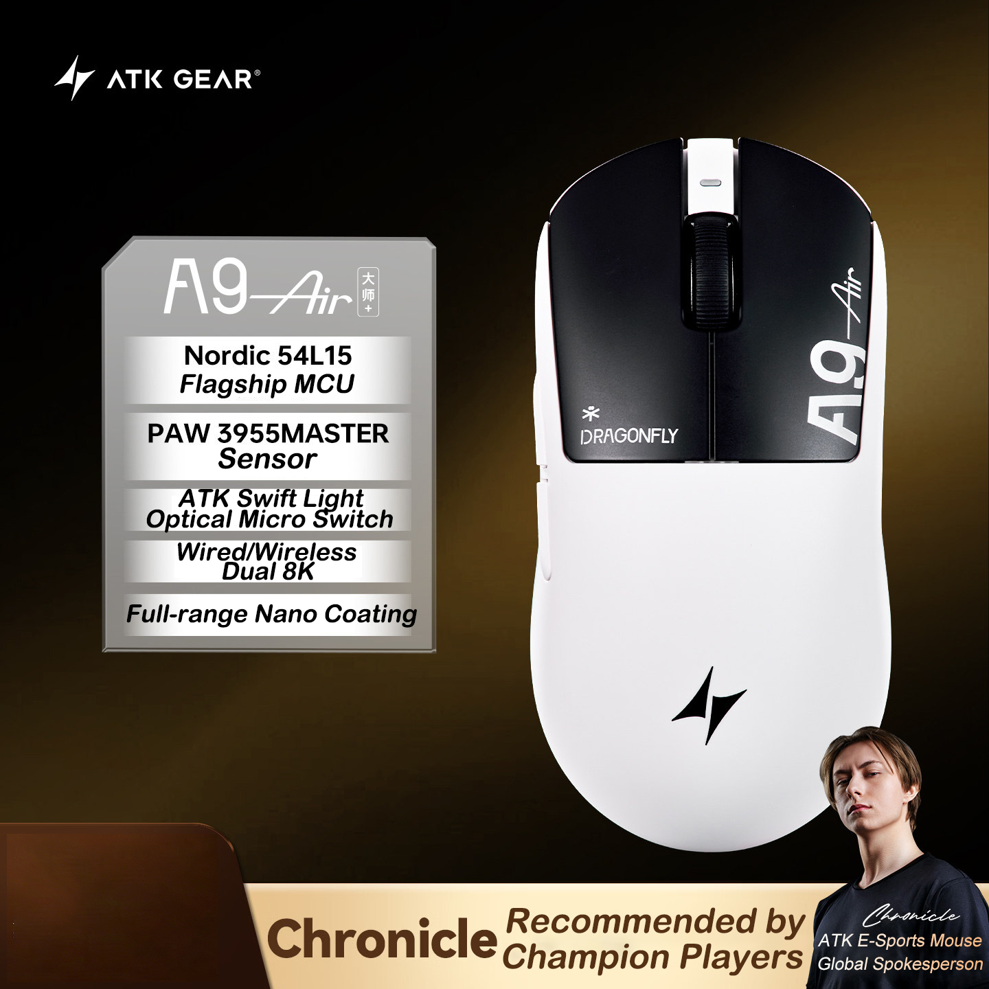 Esports Gaming Mouse Wireless - Souris de jeu ATK A9 Air